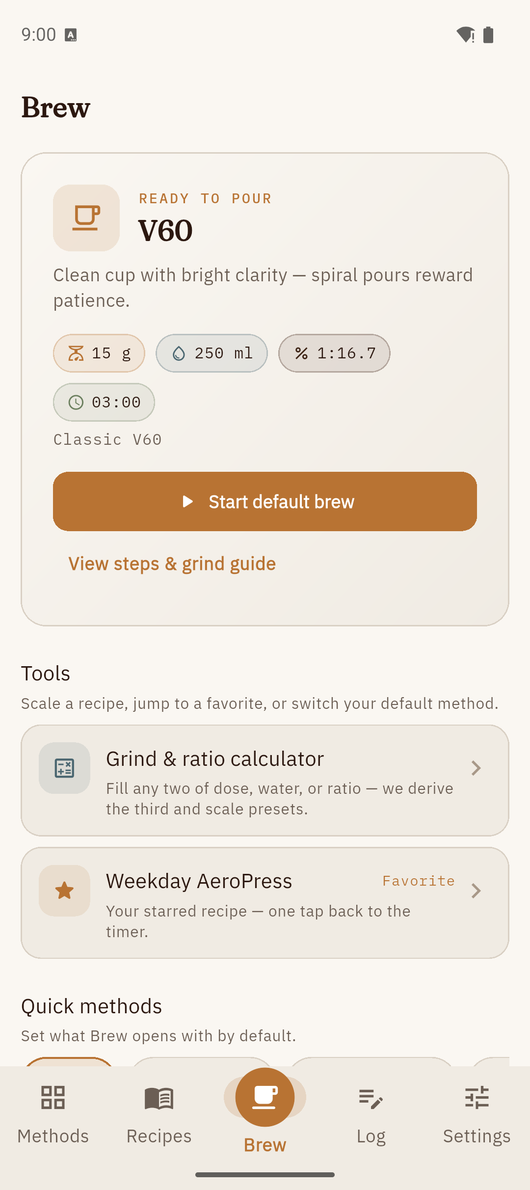 Brew hub screen in Steep & Pour